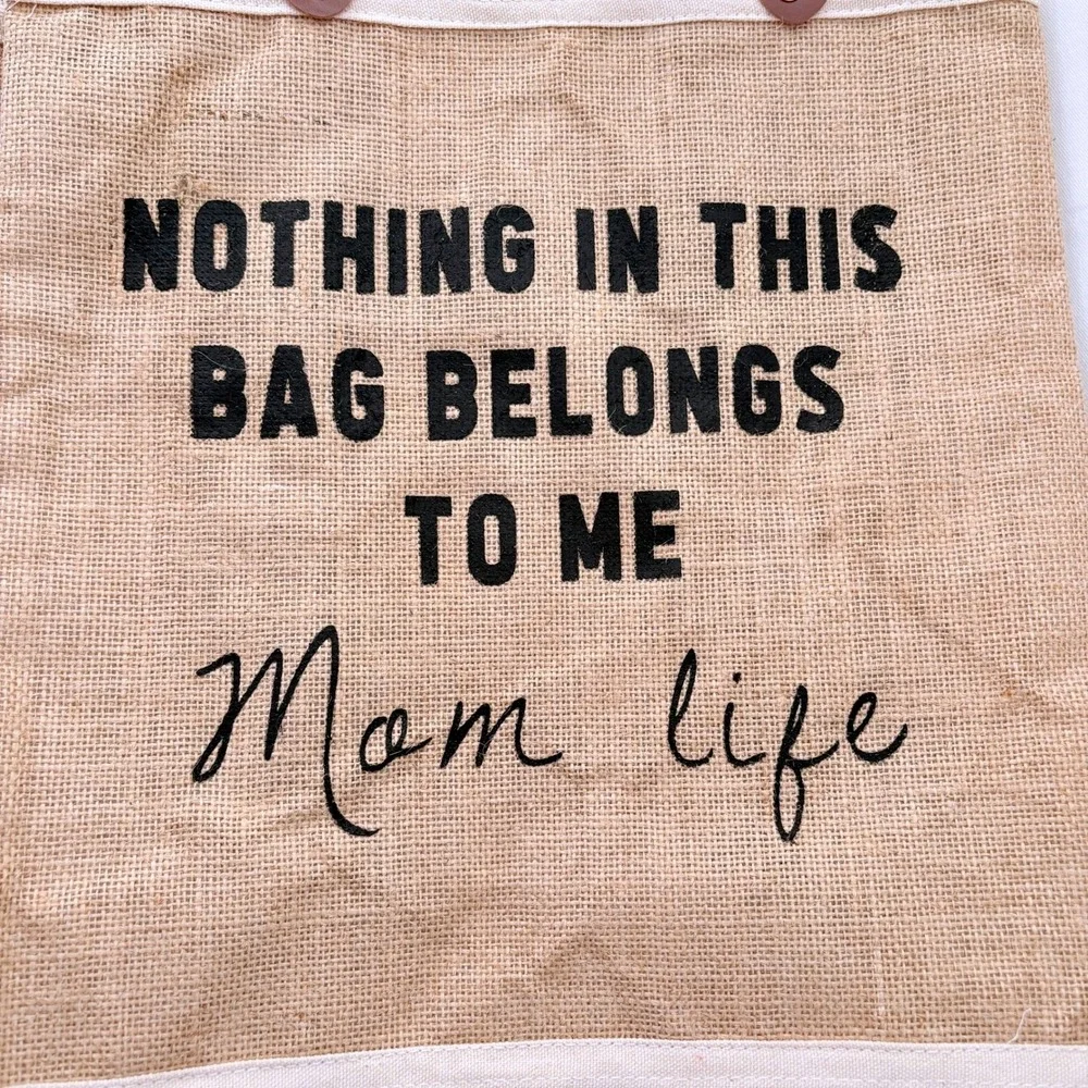 Mom Life Burlap Jute Large Tote Bag Large Tan Faux Leather Straps